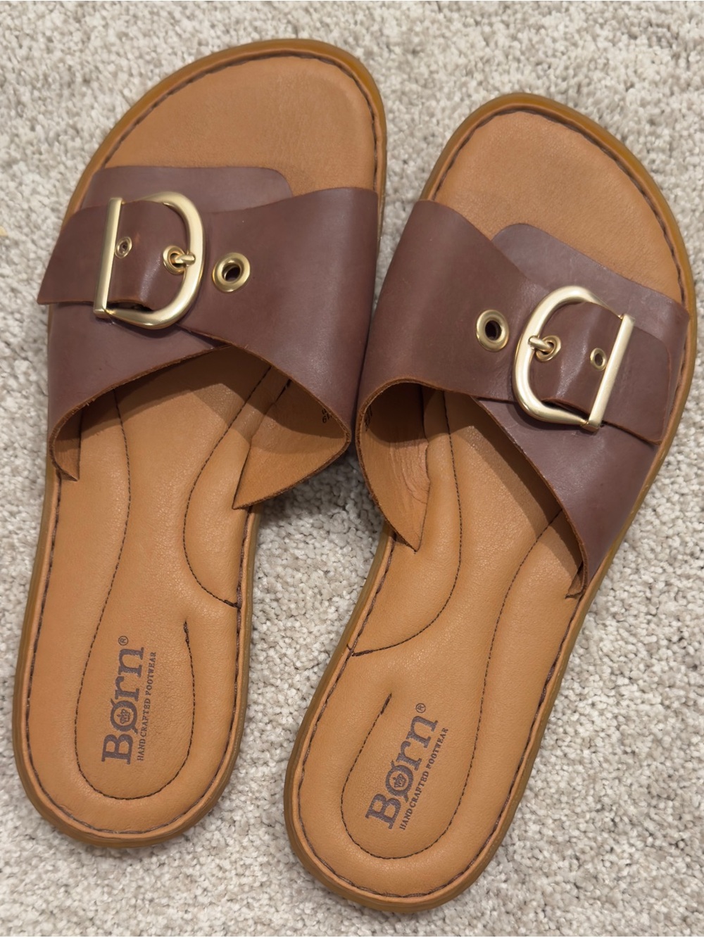Born Women's Brown Leather Slide Sandals with Gold Buckle Accent